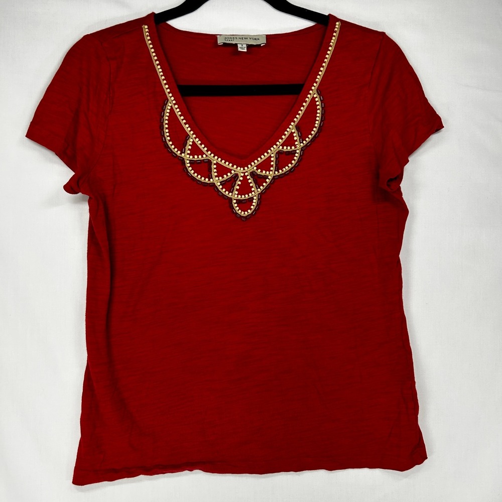 Y2K Jones New York Sport Red Beaded V-Neck Short Sleeve T-Shirt S